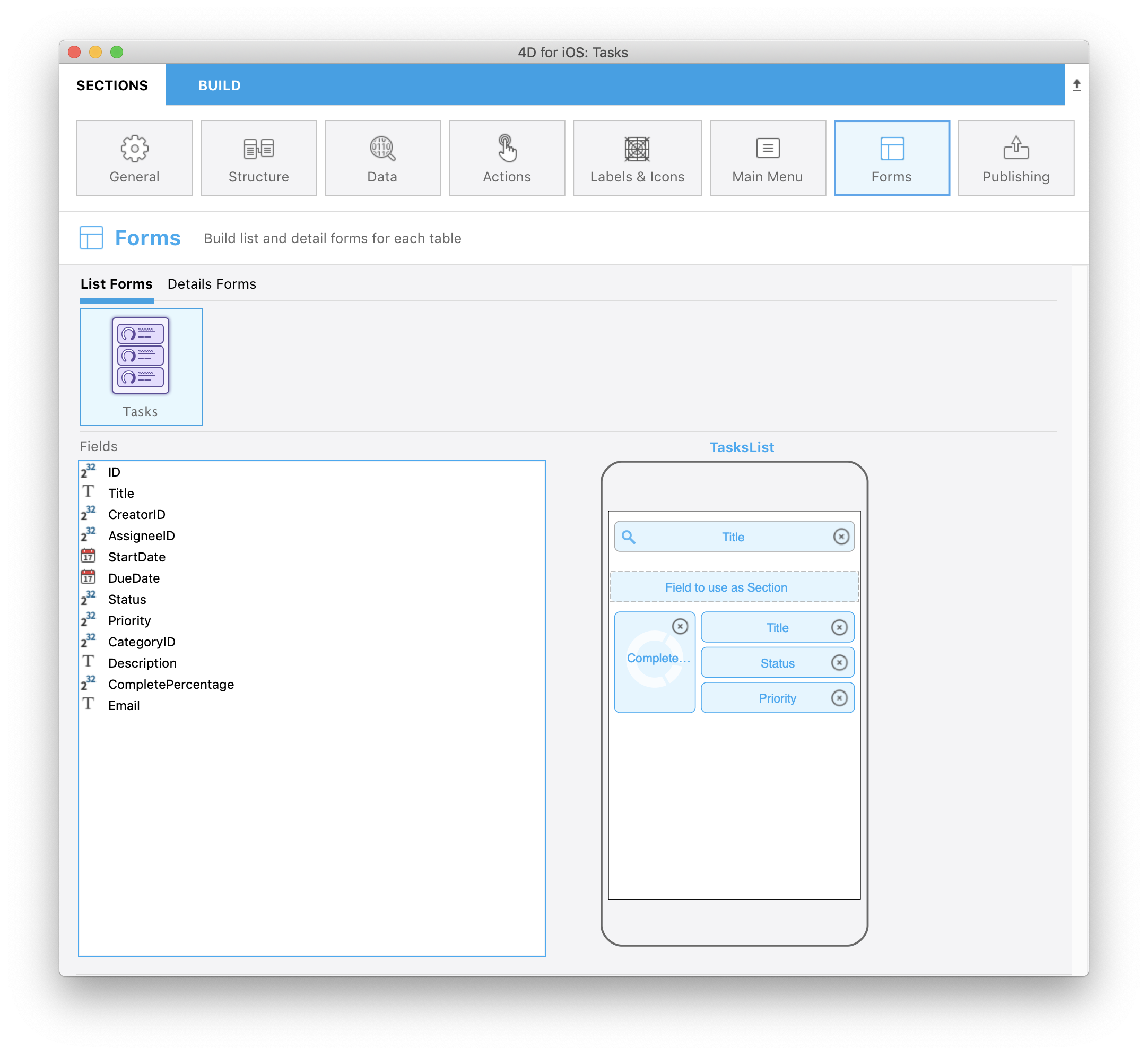 Taskslist Forms section