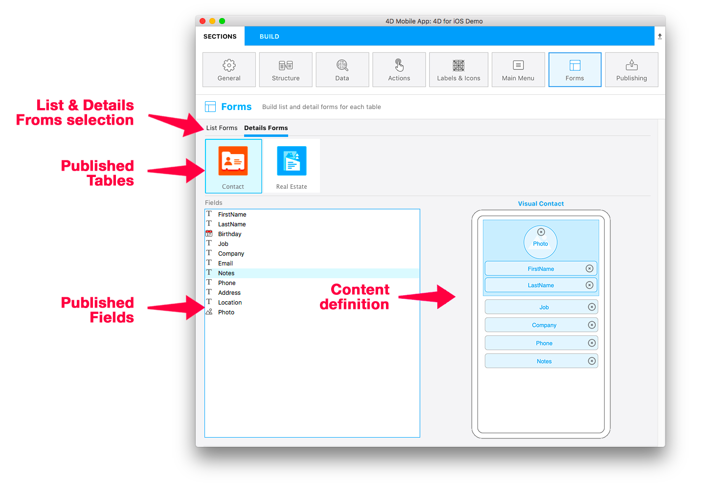 Detail form content definition