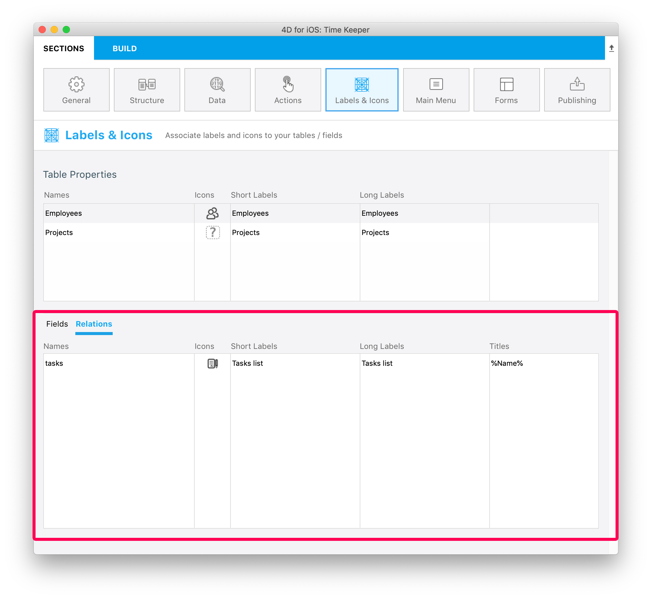 Labels & Icons section Relations properties