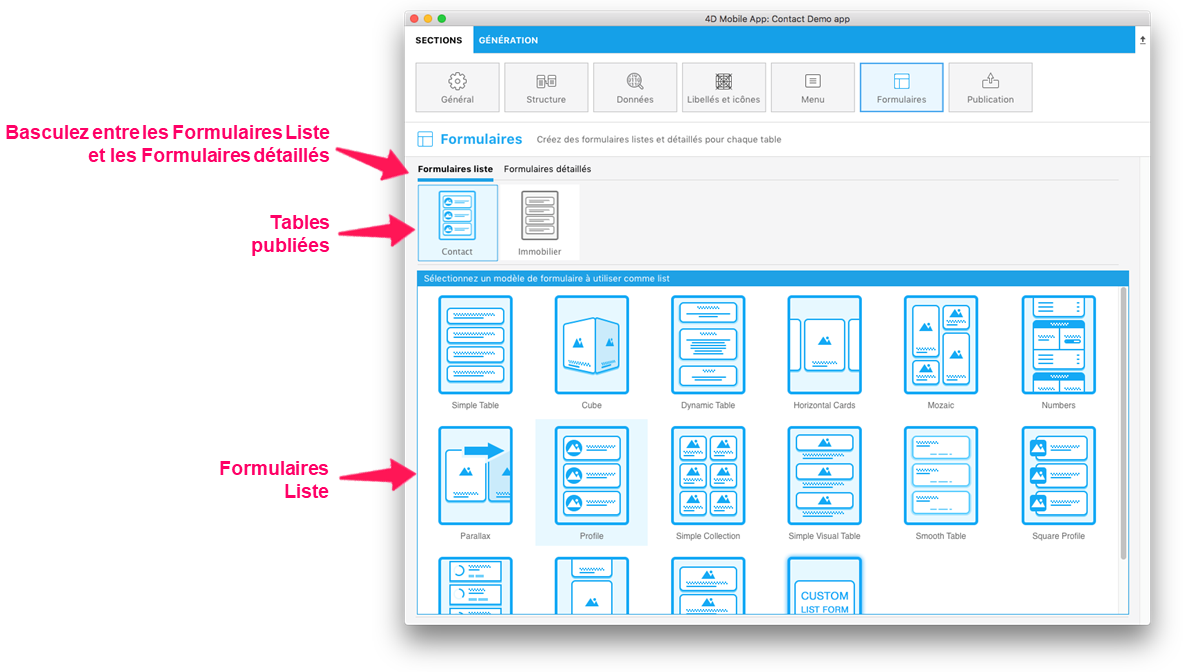 List form template selection