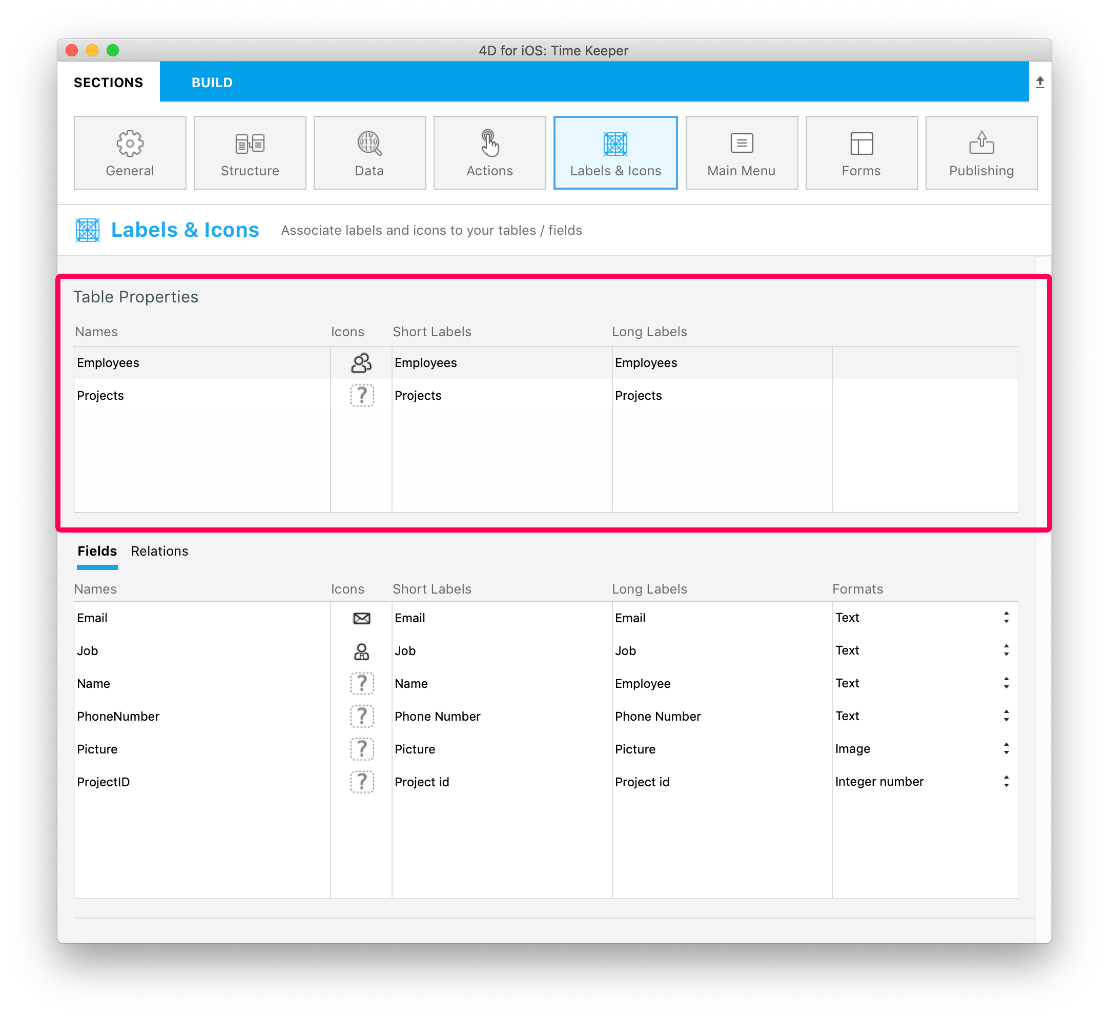 Labels & Icons section Tables properties